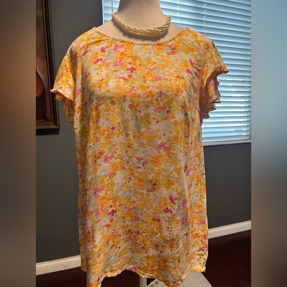 NWT Anne Carson Multi Color Blouse With Ruffled Sleeves - Yellow and Pink